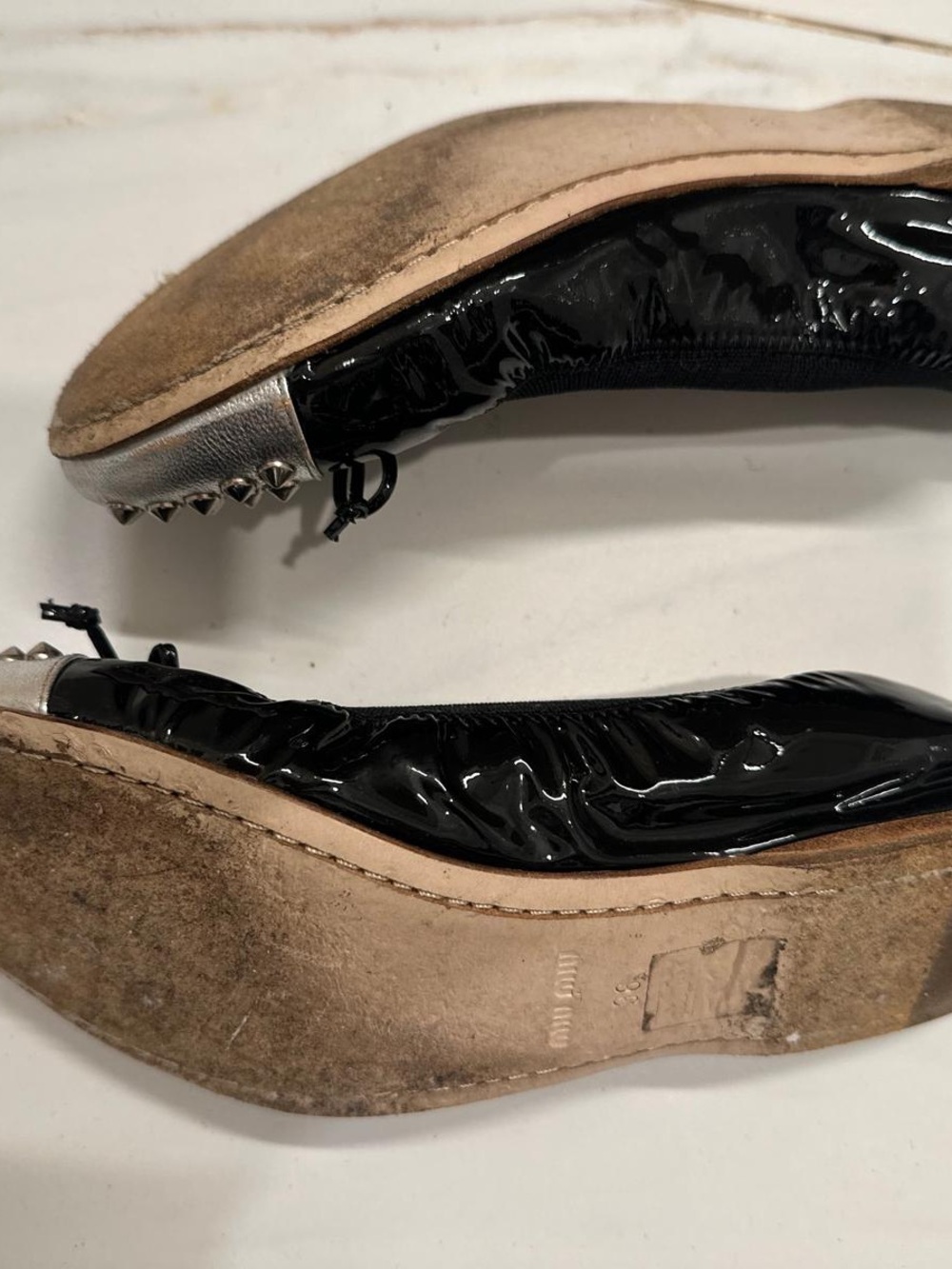 Miu Miu Black Patent Leather Ballet Flats with Silver Studded Cap-Toe - Picture 3 of 3